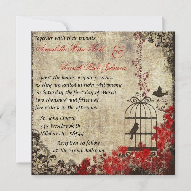 Vintage Birdcage Wedding Invitation Red (Front)