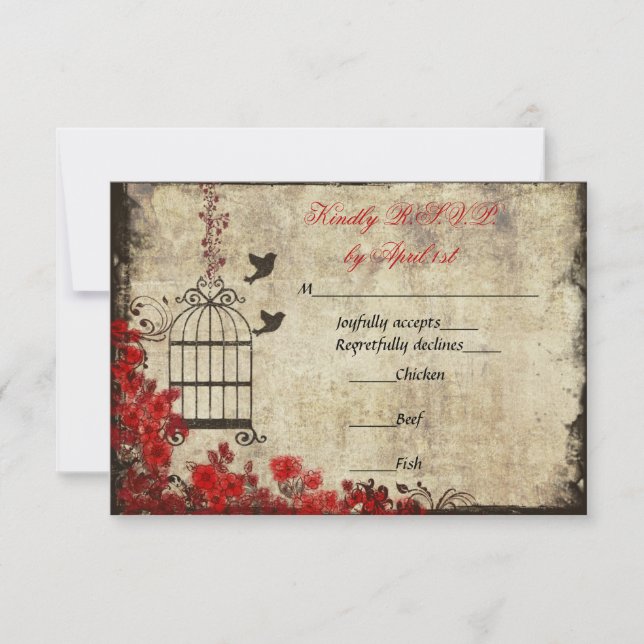 Vintage Birdcage Wedding RSVP Red (Front)