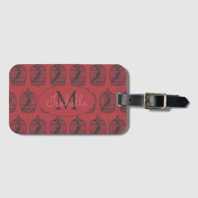 Vintage Birdcages on Red Personalised Luggage Tag (Front Horizontal)