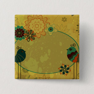 vintage birds and floral design 15 cm square badge