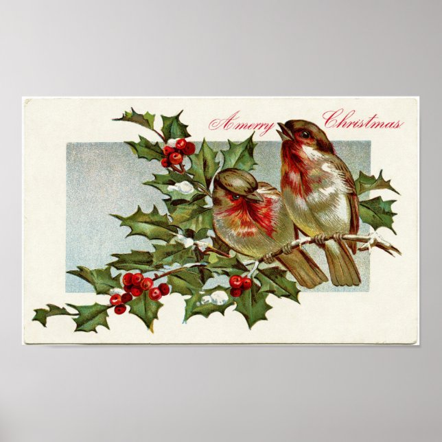 Vintage Birds and Holly Poster (Front)