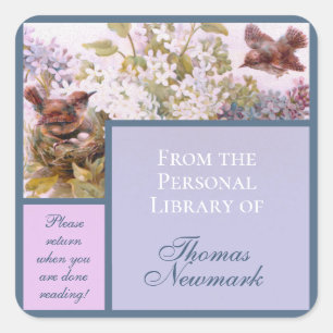 Vintage Birds and Lilacs Custom Bookplate Square Sticker