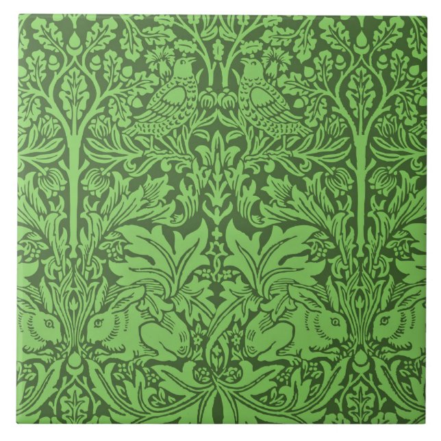 Vintage Birds and Rabbits, emerald green,   Ceramic Tile (Front)