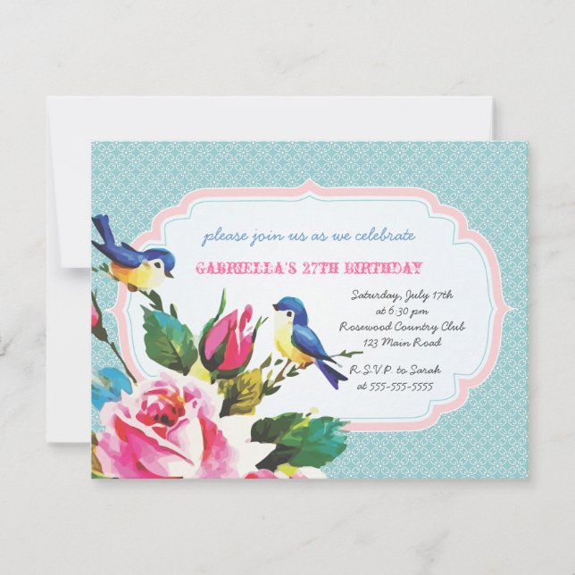 Vintage Birds and Roses Birthday Party Invitation (Front)