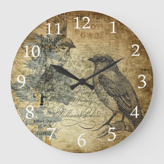Vintage Birds and White Numbers Large Clock (Front)