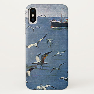 Vintage Birds Animals, Seagulls and Fishing Boats iPhone X Case