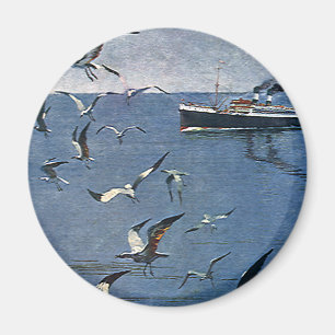 Vintage Birds Animals, Seagulls and Fishing Boats Magnet