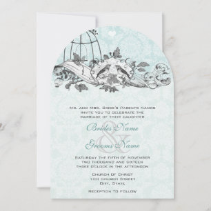 Vintage Birds Aqua Blue Musical Scroll Invitation