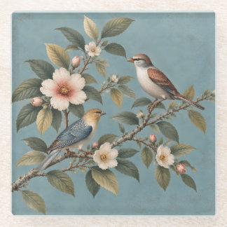 Vintage Birds & Blossoms Blue Glass Coaster