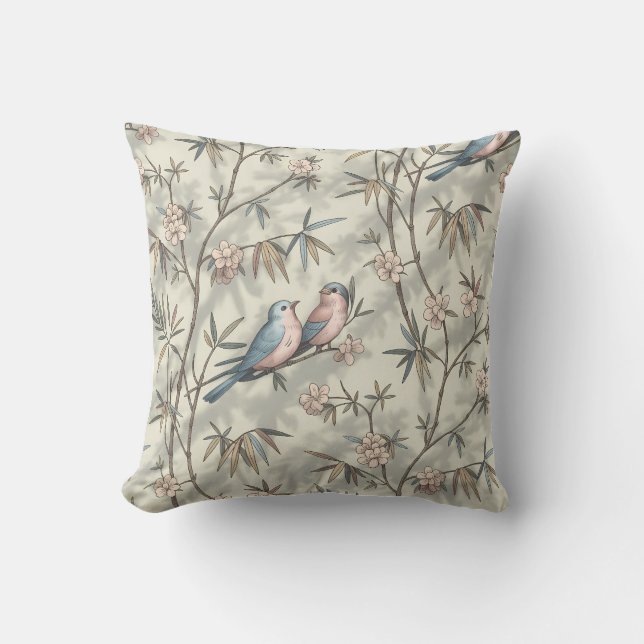 Vintage Birds & Blossoms Throw Pillow (Front)