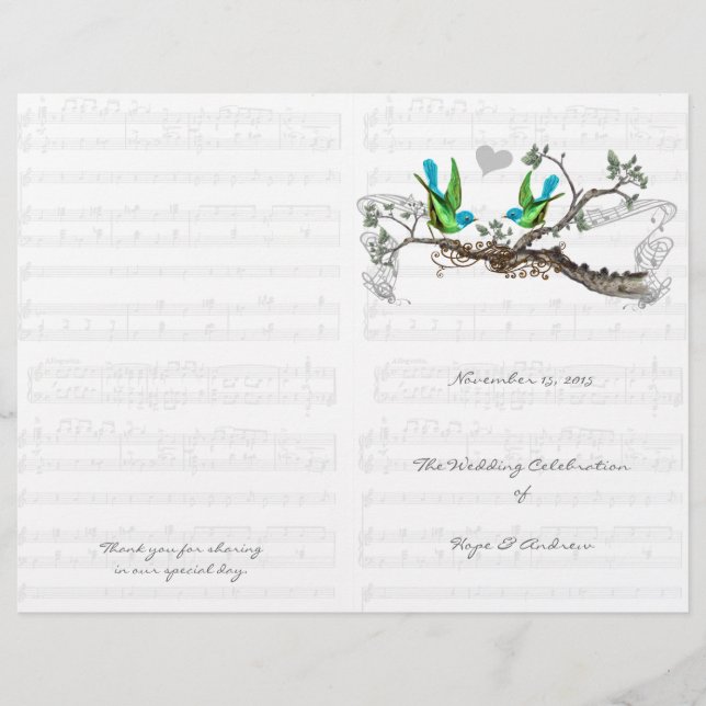 Vintage Birds Blue & Green Wedding Program (Front)