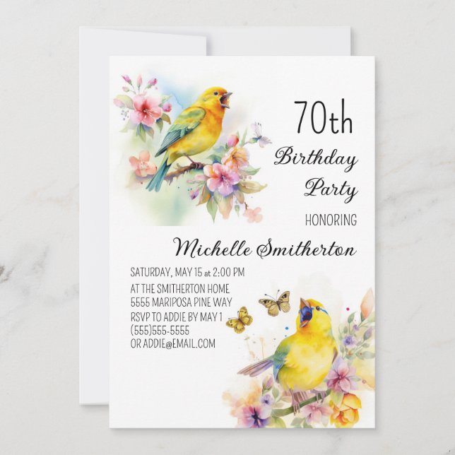 Vintage Birds Canaries Flowers 70th Birthday Invitation (Front)