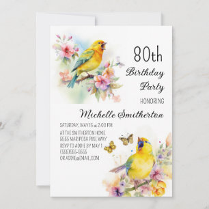 Vintage Birds Canaries Flowers 80th Birthday Invitation