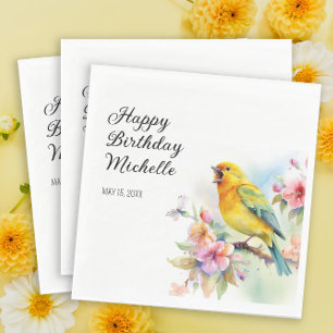 Vintage Birds Canaries Flowers Happy Birthday Napkin