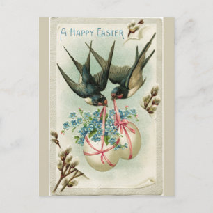 Vintage Birds Carrying Easter Eggs Yellow Holiday Postcard