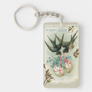 Vintage Birds Carrying Easter Eggs Yellow Key Ring
