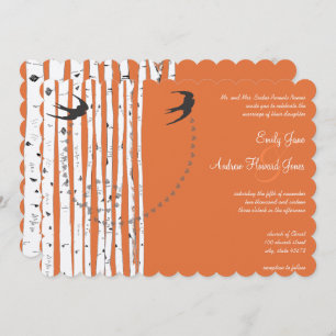 Vintage Birds Coral Rose Birch Tree Wedding Invite