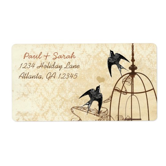 Vintage Birds Damask Swallow Brown Bird Cage Shipping Label