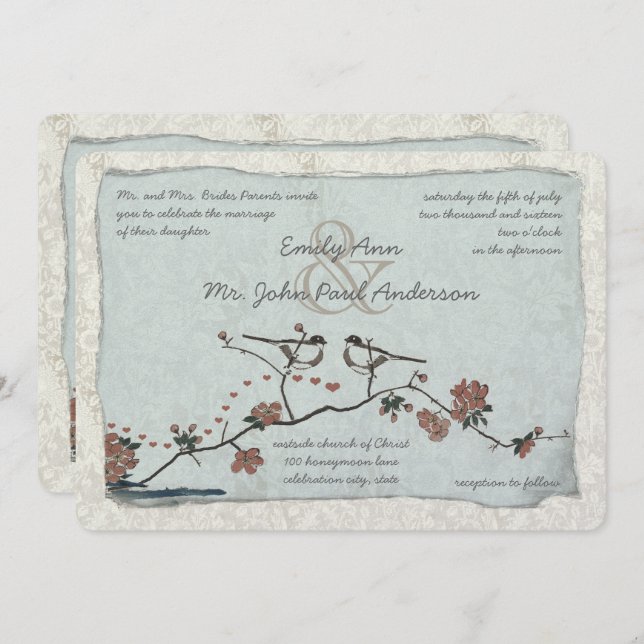 Vintage Birds Damask Wedding Invitations (Front/Back)