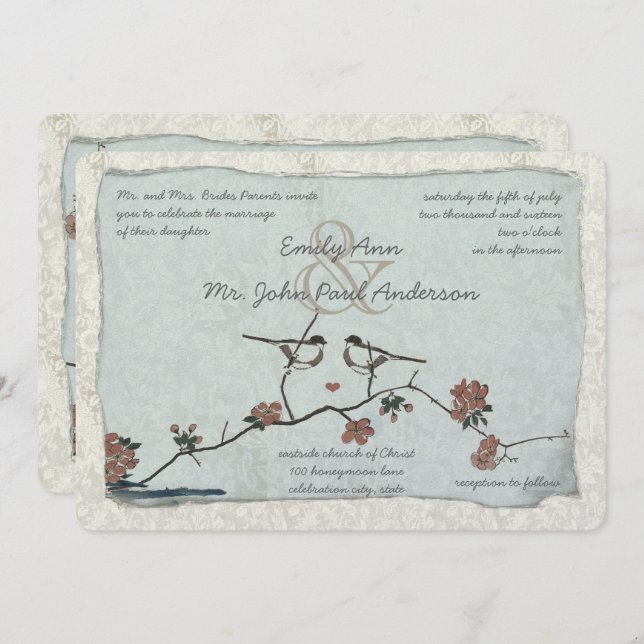 Vintage Birds Damask Wedding Invitations (Front/Back)
