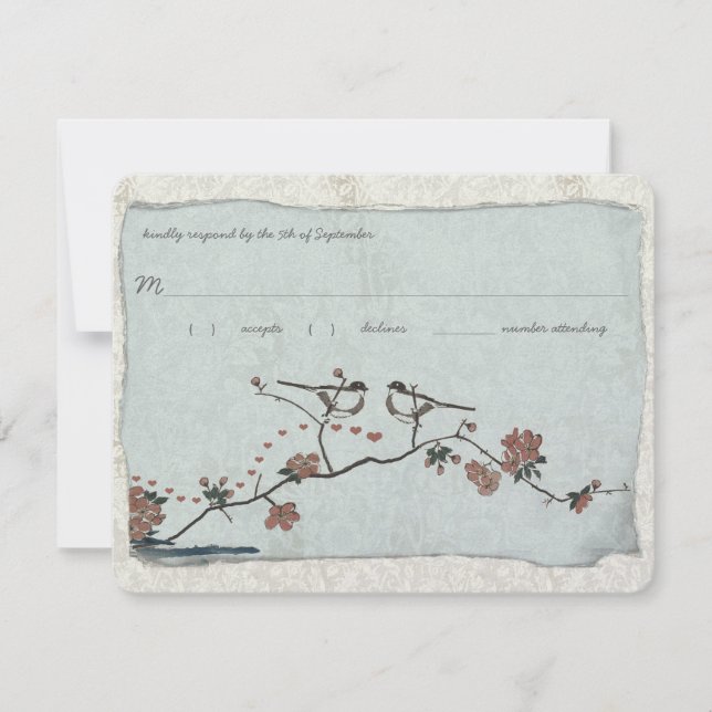 Vintage Birds Damask Wedding RSVP Card (Front)