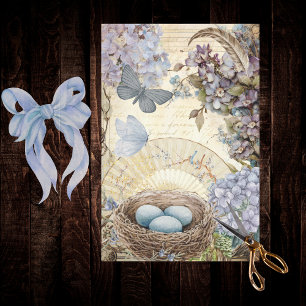 Vintage Birds Eggs and Nest Feather Hydrangea Tissue Paper