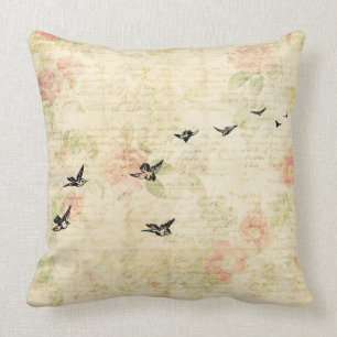 Vintage Birds Elegant Floral Script Paper Style Cushion