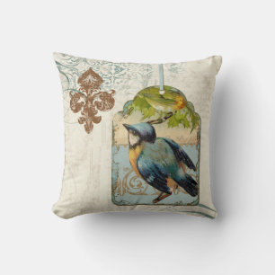 Vintage Birds Fleur de Lis Songbird Swirl Collage Cushion
