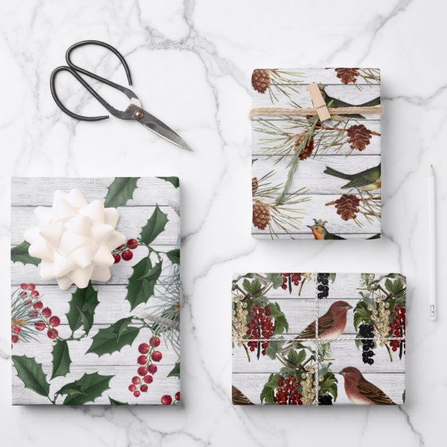 Vintage Birds Floral Christmas Wrapping Paper Sheet (Front)
