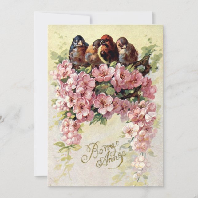 Vintage Birds & Flowers Bonne Annee Holiday Card (Front)