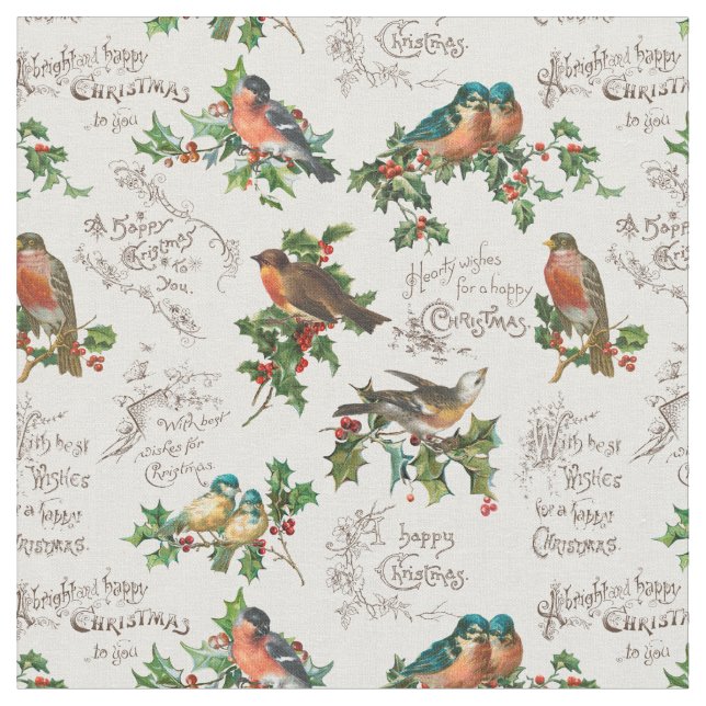 Vintage Birds, Holly & Christmas Greetings Fabric (Close Up)