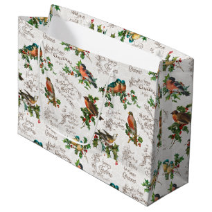 Vintage Birds, Holly & Christmas Greetings Large Gift Bag