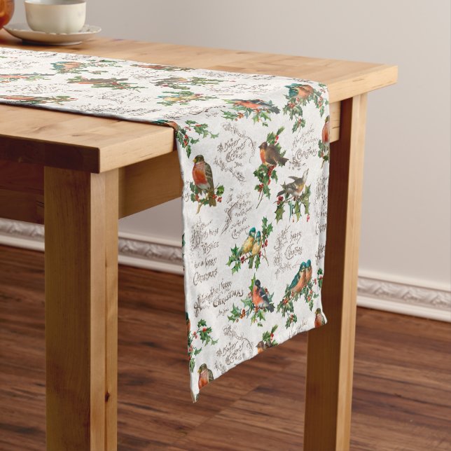 Vintage Birds, Holly & Christmas Greetings Long Table Runner (In Situ)