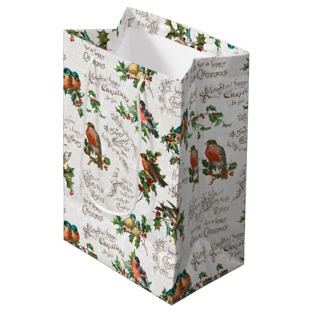 Vintage Birds, Holly & Christmas Greetings Medium Gift Bag (Front Angled)