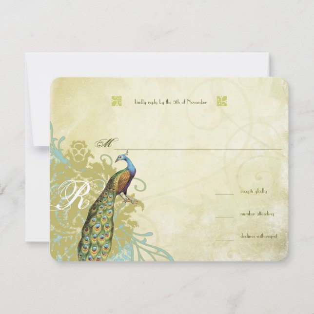 Vintage Birds Lagoon Endive Aged Damask RSVP Card (Front)