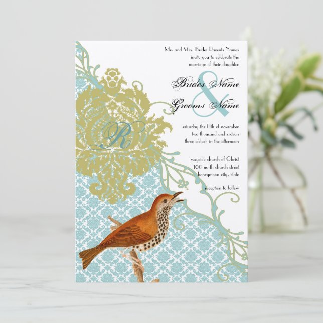 Vintage Birds Lagoon Endive Damask Wedding Invitation (Standing Front)