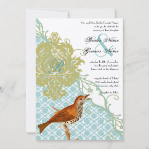 Vintage Birds Lagoon Endive Damask Wedding Invitation