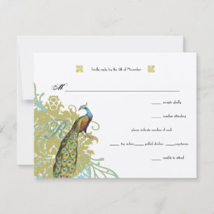Vintage Birds Lagoon Endive Damask Wedding RSVP Card