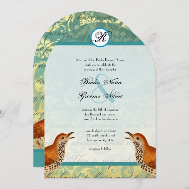 Vintage Birds Lagoon Endive Wedding Invitation (Front/Back)
