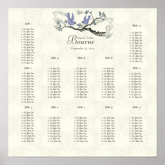 Vintage Birds Lavender and Yellow Seating Chart (Front)