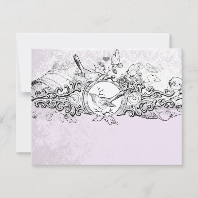 Vintage Birds Lavender Musical Scroll Wedding RSVP Card (Front)