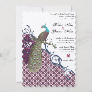 Vintage Birds Navy Deep Raspberry Damask Wedding Invitation