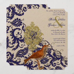 Vintage Birds Navy Endive Damask Wedding Invitation