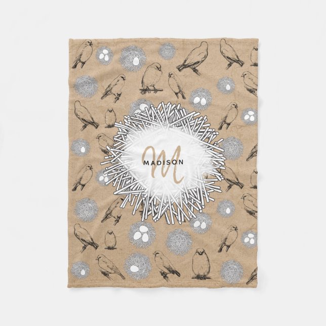Vintage Birds & Nest Rustic Kraft Brown Fleece Blanket (Front)
