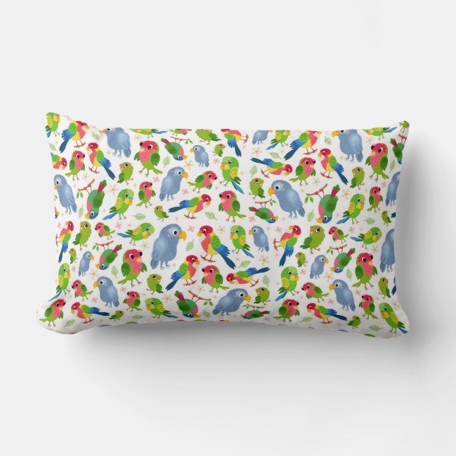 Vintage Birds Pattern, Colourful parakeet pattern Lumbar Cushion (Front)