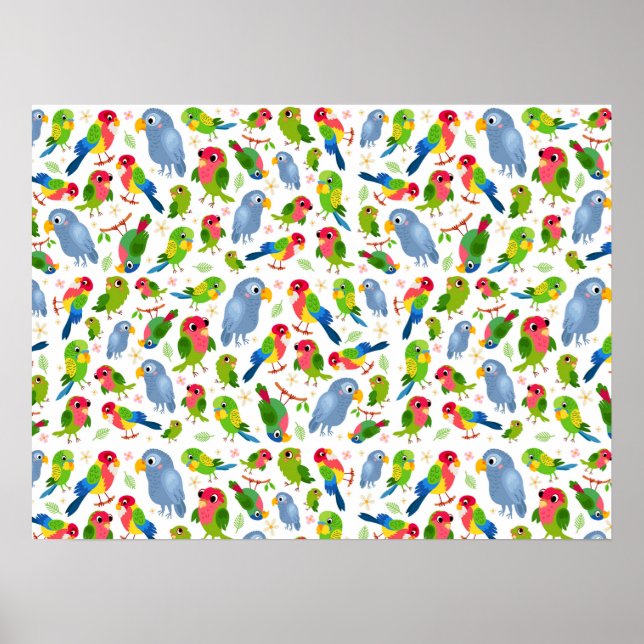 Vintage Birds Pattern, Colourful parakeet pattern Poster (Front)
