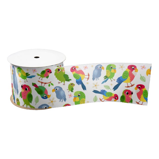 Vintage Birds Pattern, Colourful parakeet pattern Satin Ribbon (Spool)