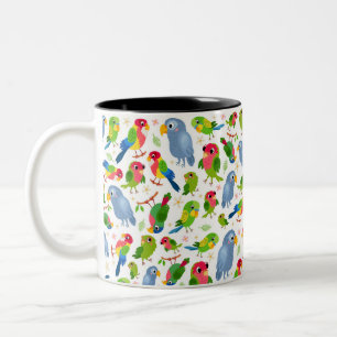 Vintage Birds Pattern, Colourful parakeet pattern Two-Tone Coffee Mug