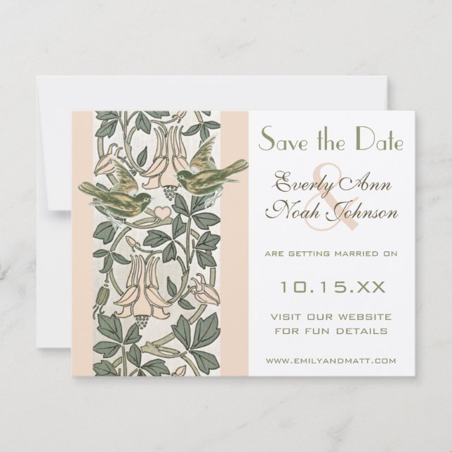 Vintage Birds Peach Honeysuckle Save the Date Invitation (Front)