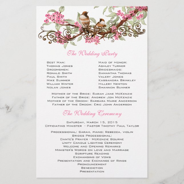 Vintage Birds Pink Flowers Wedding Program (Front)